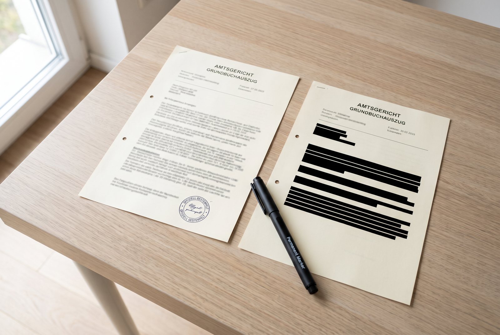 Zwei Ausdrucke eines Grundbuchauszugs nebeneinander, rechts mit schwarz geschwärzten Zeilen, dazwischen ein Marker