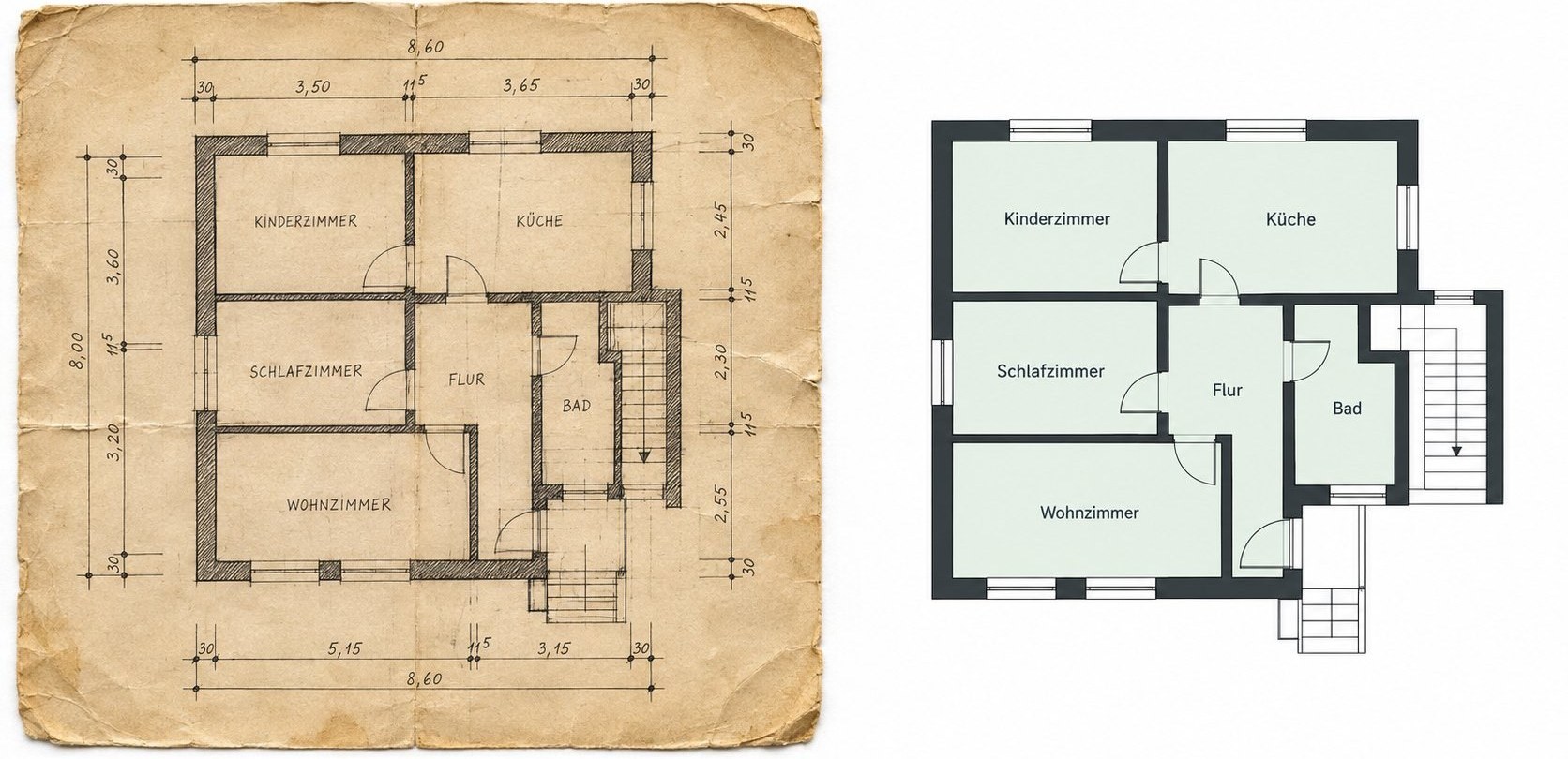 Vergleich: links ein vergilbter alter Bauplan, rechts derselbe Grundriss klar neu gezeichnet