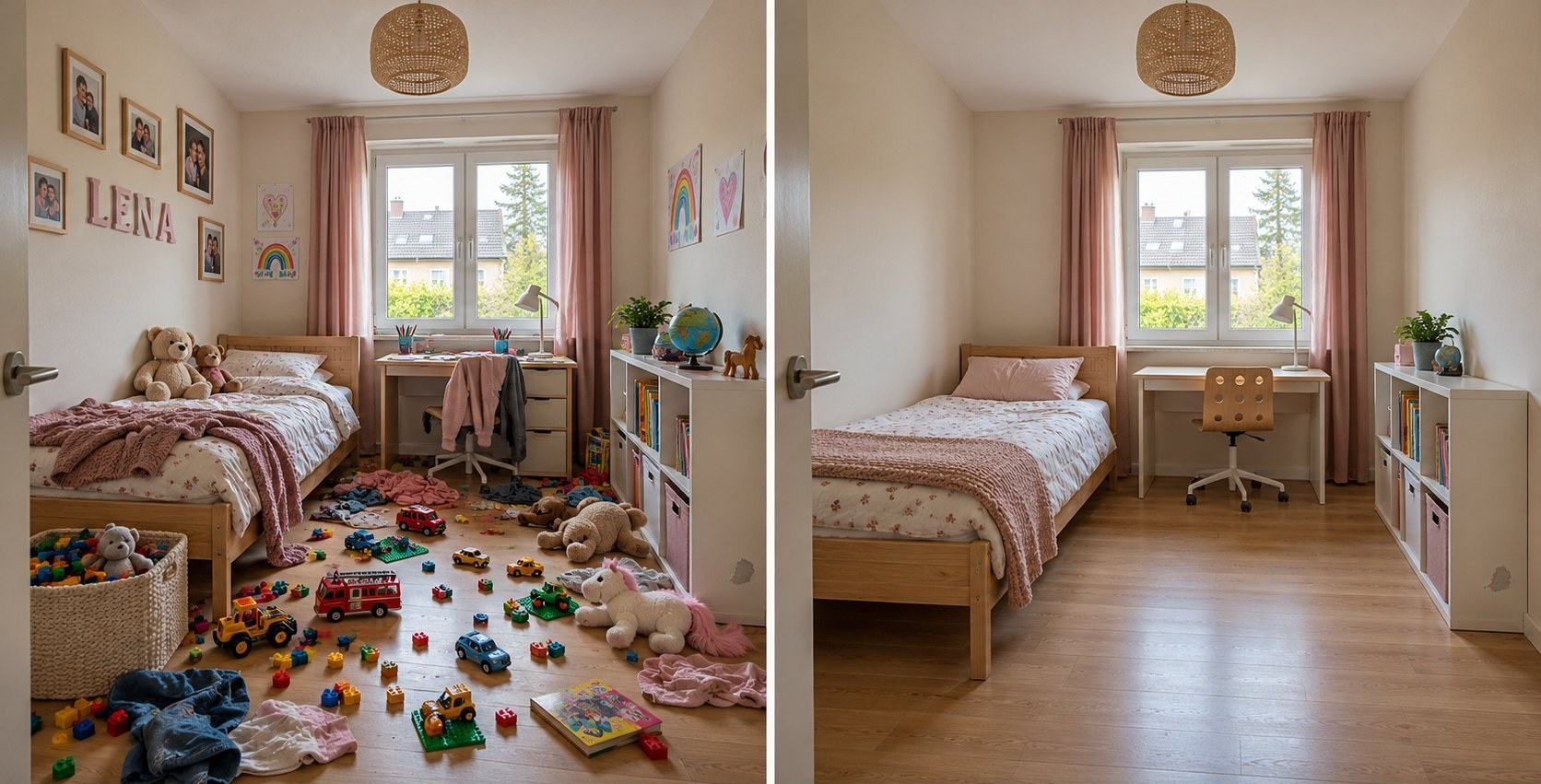 Vergleich: links ein unaufgeräumtes Kinderzimmer mit Familienfotos und Namensschriftzug, rechts derselbe Raum aufgeräumt ohne persönliche Gegenstände