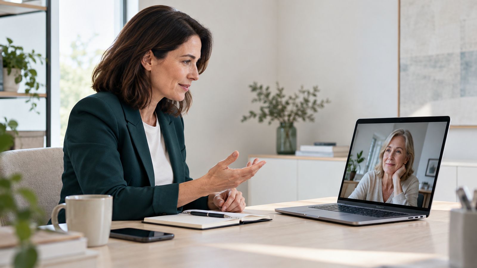 Videogespräch mit einer Beraterin am Laptop, Unterlagen auf dem Tisch