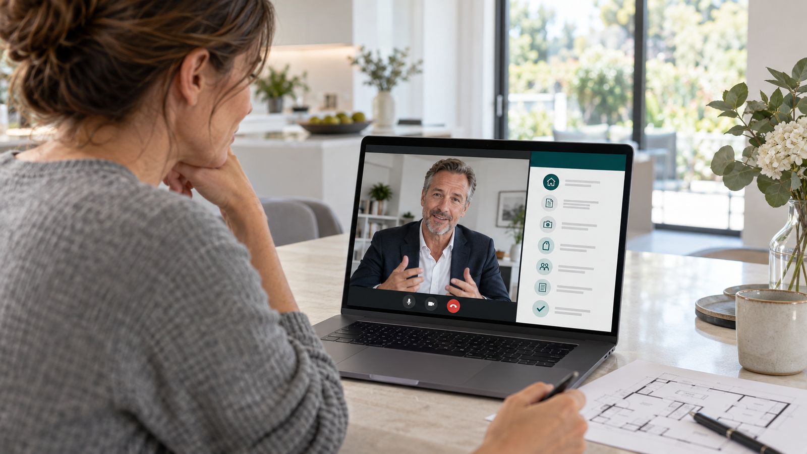Videogespräch am Laptop zwischen Eigentümer und Makler, Unterlagen auf dem Tisch
