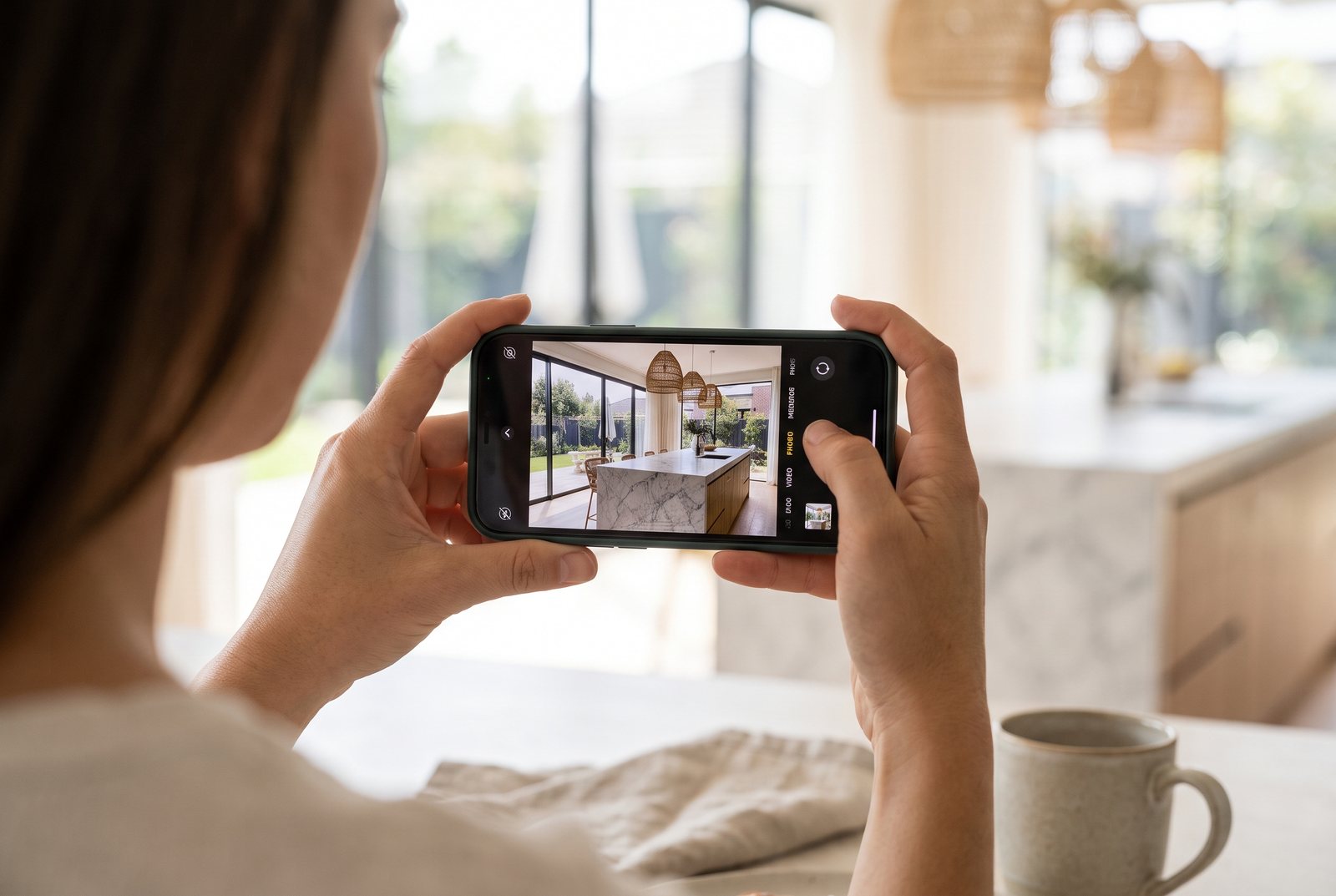 Eigentümerin fotografiert ihr helles Wohnzimmer mit dem Smartphone, auf dem Bildschirm die Live-Vorschau
