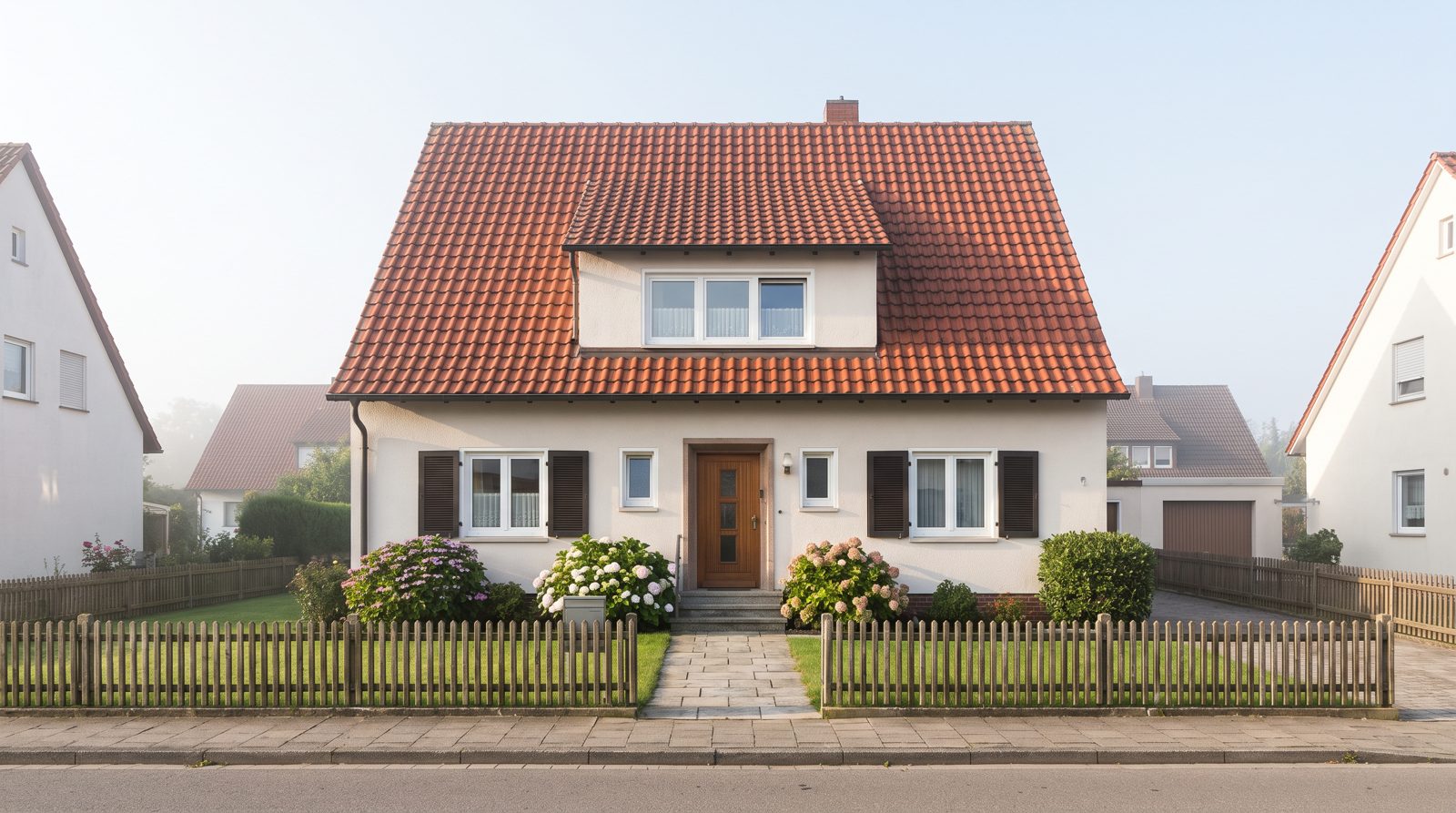 Gepflegtes Einfamilienhaus mit rotem Ziegeldach und Vorgarten am Morgen